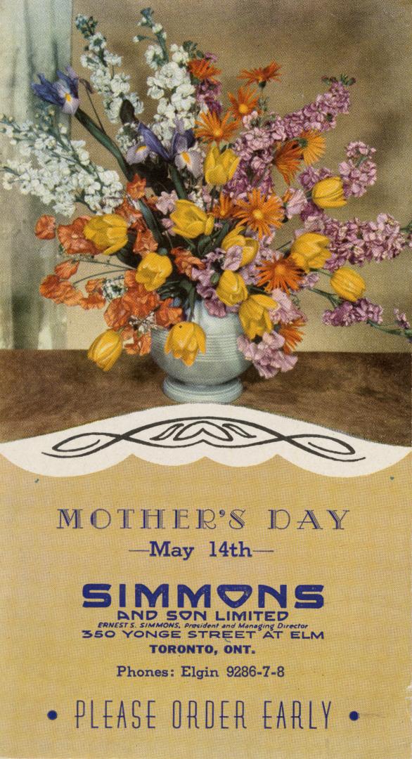 Promotional card for Mother's Day flower arrangements by Simmons and Son Limited florists. Feat ...