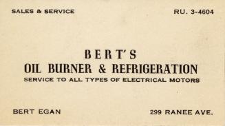 Business card for Bert's Oil Burner & Refrigeration company. Black text on white card, company  ...