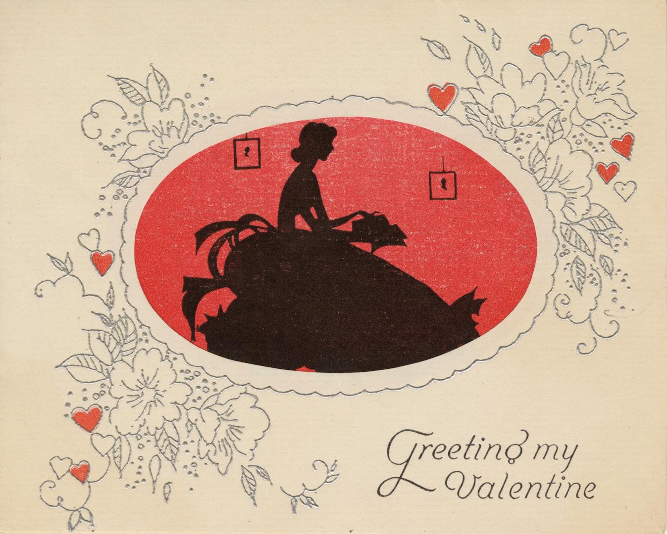 An oval cut-out at the card's centre reveals a woman's silhouette contrasted with a red backgro ...