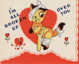An image of an anthropomorphized cat wearing bandages and leaning on a crutch. The inside reads ...