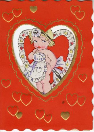 The front of the card is red with gold hearts. A large heart shape hole is cut out of the centr ...