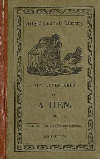 book cover with an illustration of a hen and a boy holding a chicken cage. 
