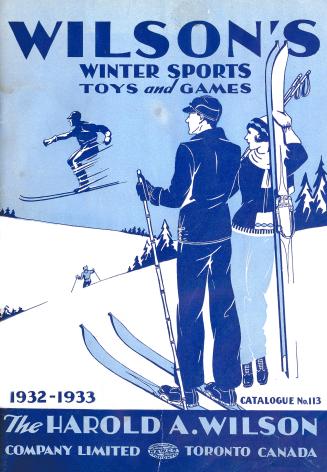 Cover has illustration of winter scene on ski slopes, in blue and white. Two people with ski ge ...