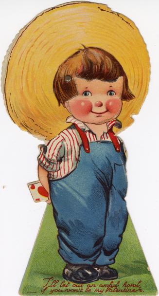 A mechanical card. A boy in a large straw hat holds a card with hearts behind his back. His fac ...