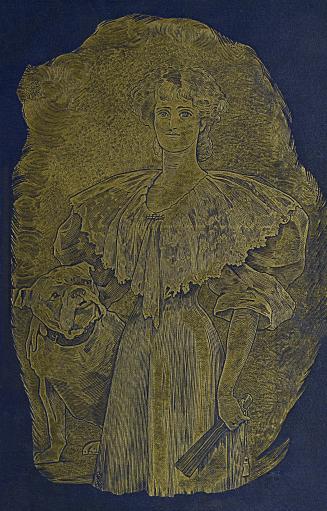 Dark blue book cover mostly occupied by a very detailed illustration in gold. A woman in a Vict ...