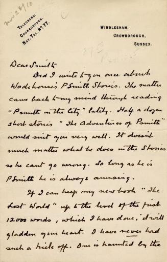 Letter to A.C. Doyle's editor, [Herbert Greenhough] Smith, in which Doyle makes references to W ...