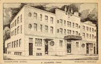 B/W postcard depicting a sketch of a hotel by artist Christian Saboe, with caption at the botto ...