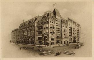 Sepia-toned postcard depicting the exterior of a hotel on a street corner, with a rooftop sign  ...