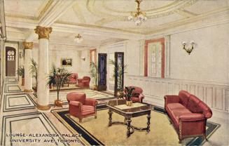 Colour advertisement postcard depicting an illustration of the lounge at The Alexandra Palace H ...