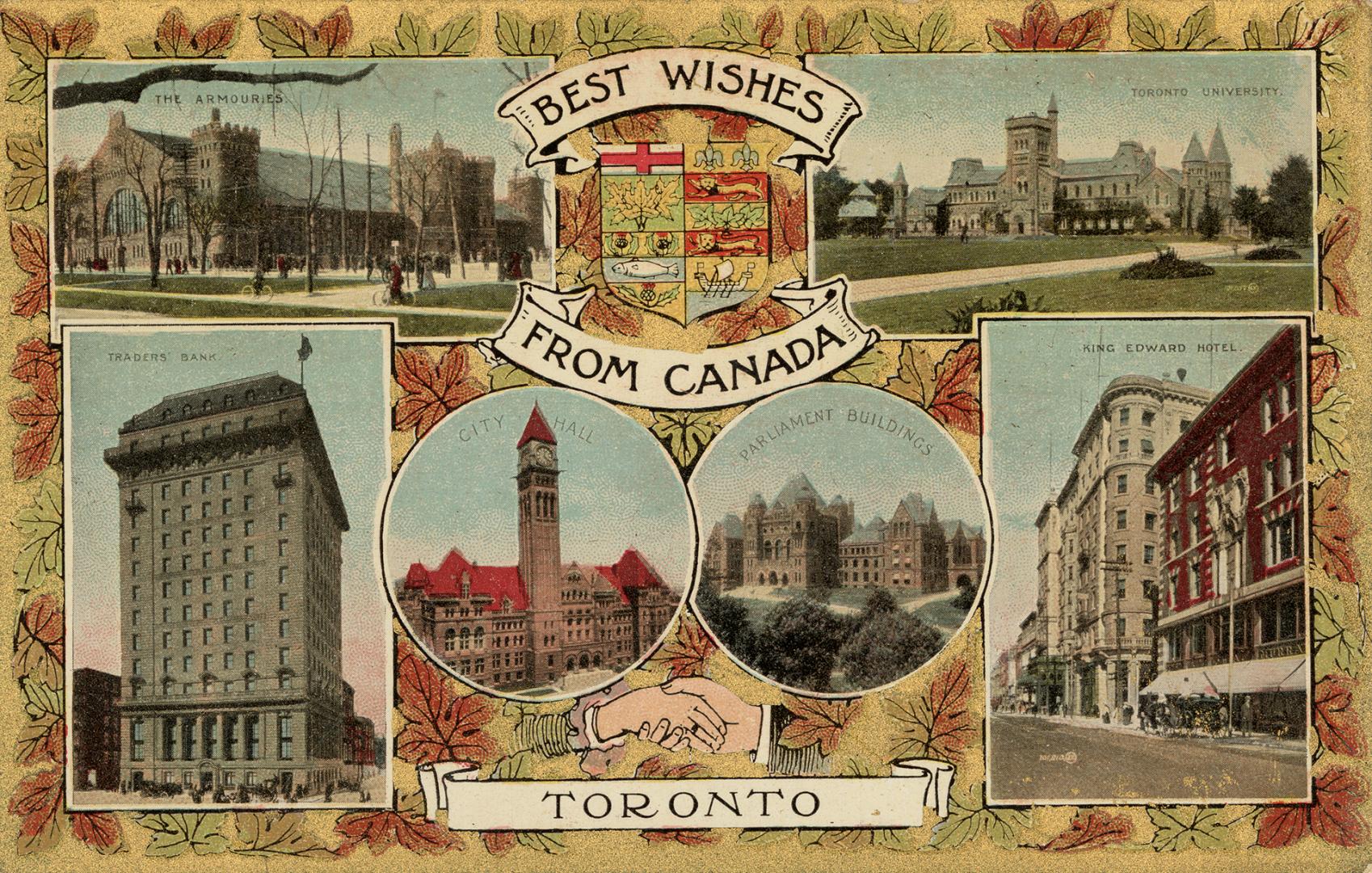 Colorized photographs of six different Toronto landmarks. 