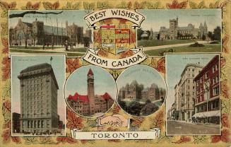 Colorized photographs of six different Toronto landmarks. 