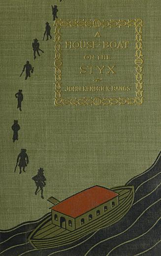 Green cloth cover depicting a boat on a river with a line of people ready to board. Title and a ...