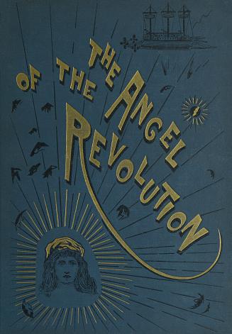 Book cover: With illustrations of a small airship and a woman's head surrounded by golden rays.