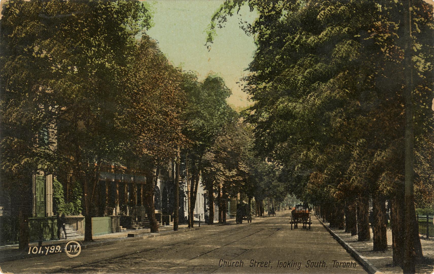 Colorized photograph of a horse and buggy on a tree lined city street.