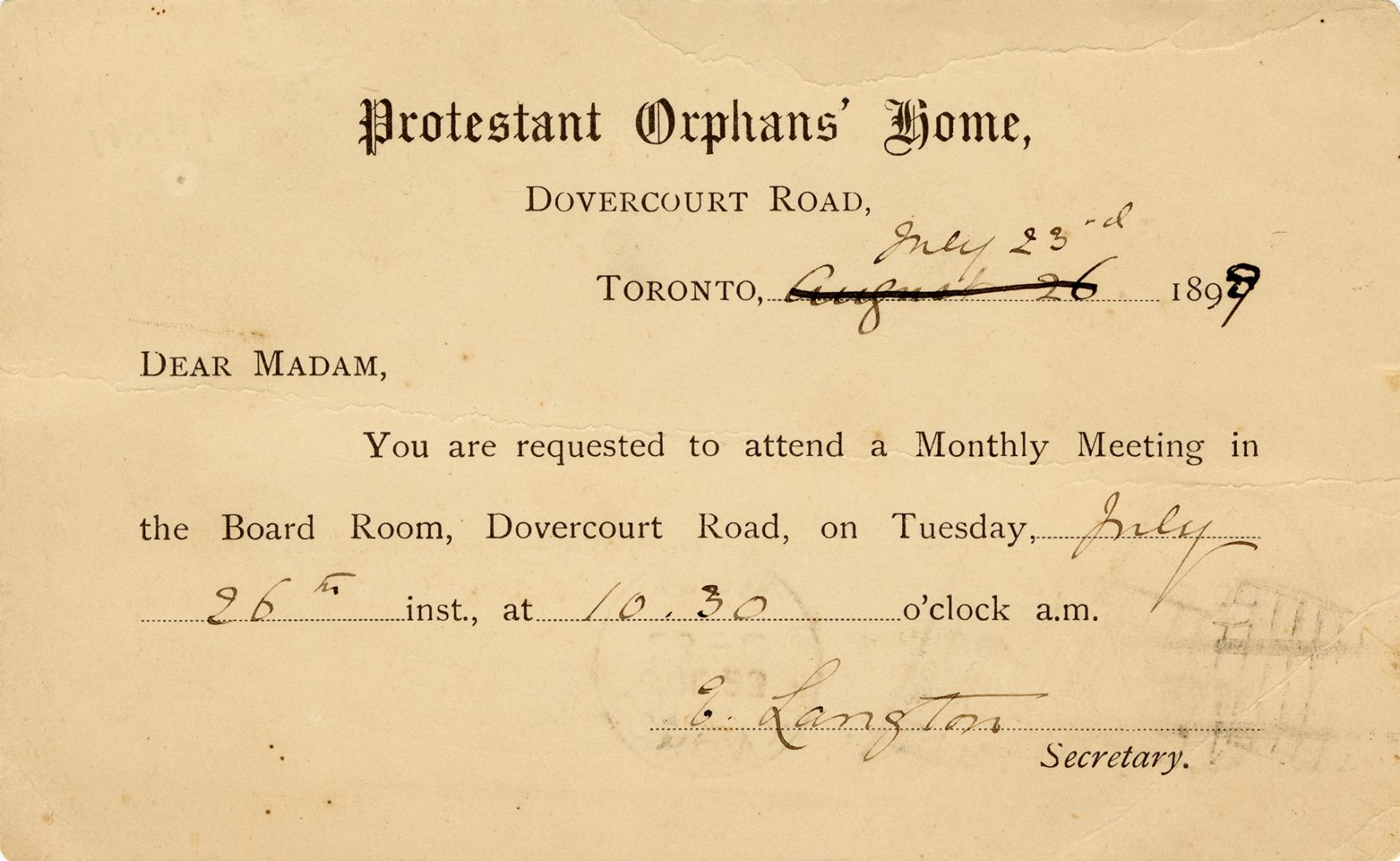 Registration card indicating a lady is to attend a monthly meeting in the Board room, Dovercour ...