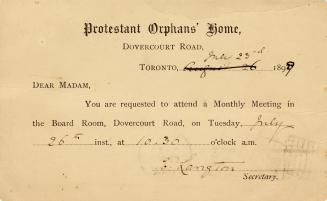 Registration card indicating a lady is to attend a monthly meeting in the Board room, Dovercour ...