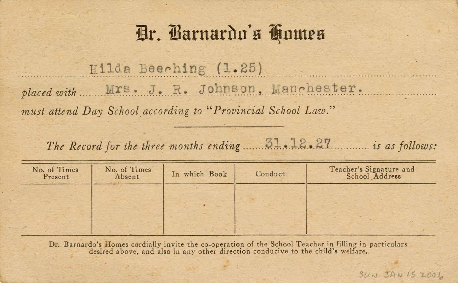 Registration card indicating Eilda Beeching is to be placed with Mrs. J.R. Johnson, Manchester.