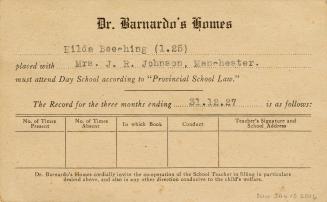 Registration card indicating Eilda Beeching is to be placed with Mrs. J.R. Johnson, Manchester.
