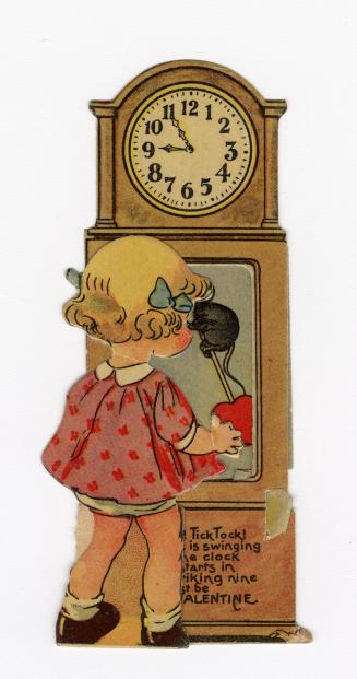 A young girl stands in front of a gradfather clock. Inside the clock is a heart-shaped pendulum ...