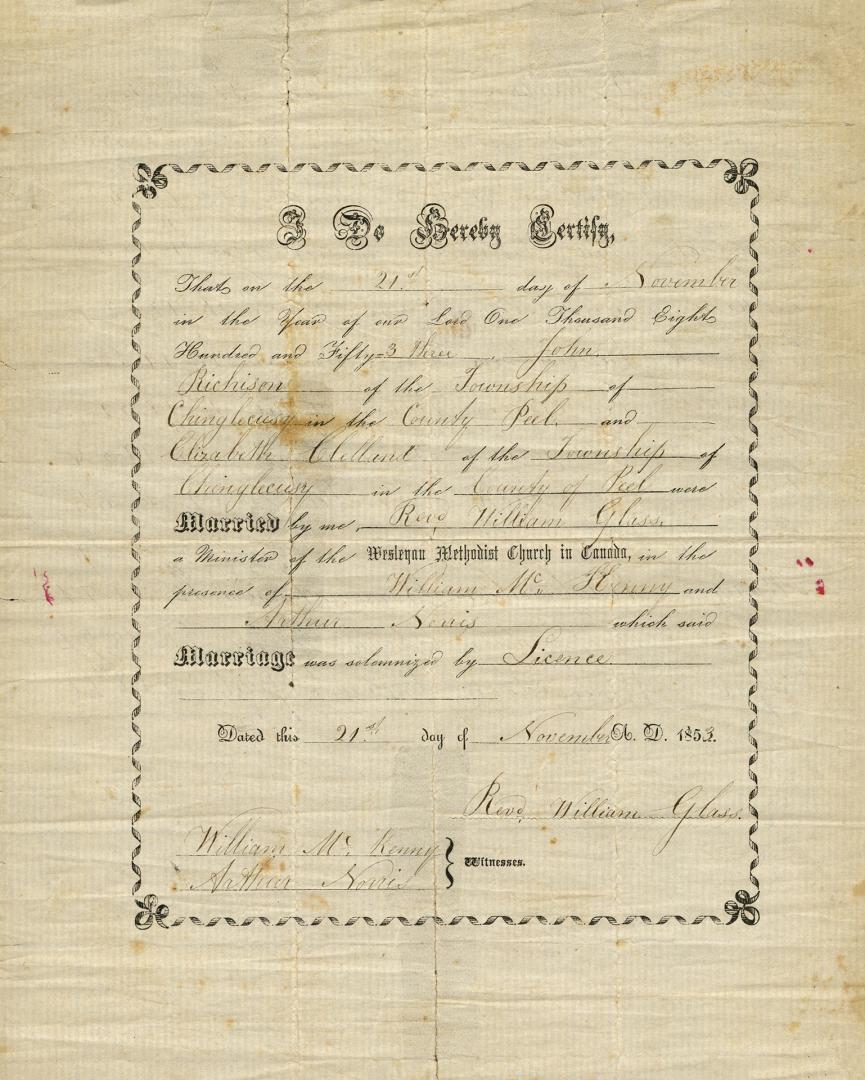 Marriage certificate of John Richardson and Elizabeth Clelland, 1853