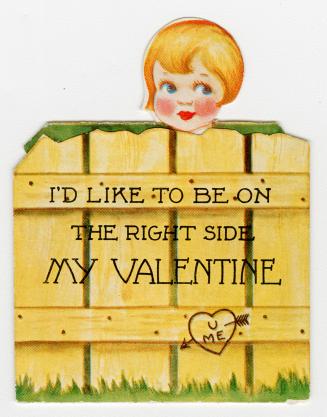 The front of the card pictures a wooden fence with a girl's face looking over the top from the  ...