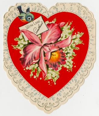 This heart-shaped card pictures large pink flowers at the centre, surrounded by smaller white o ...
