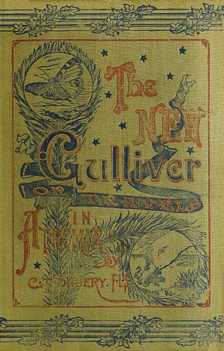 Book cover: beige cloth with title and author. Decorated with leaves, a butterfly, and a duck.