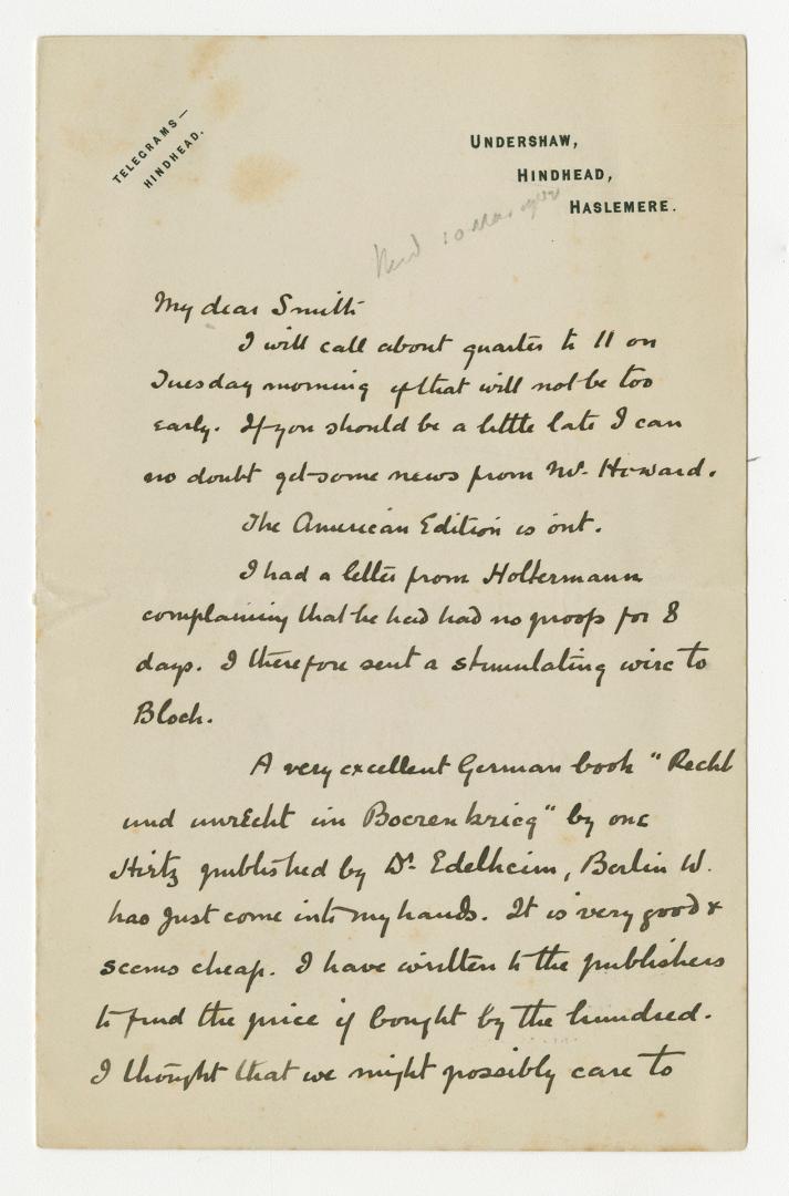 Manuscript letter in Arthur Conan Doyle's handwriting. 