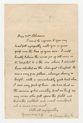 Manuscript letter in Arthur Conan Doyle's handwriting. 