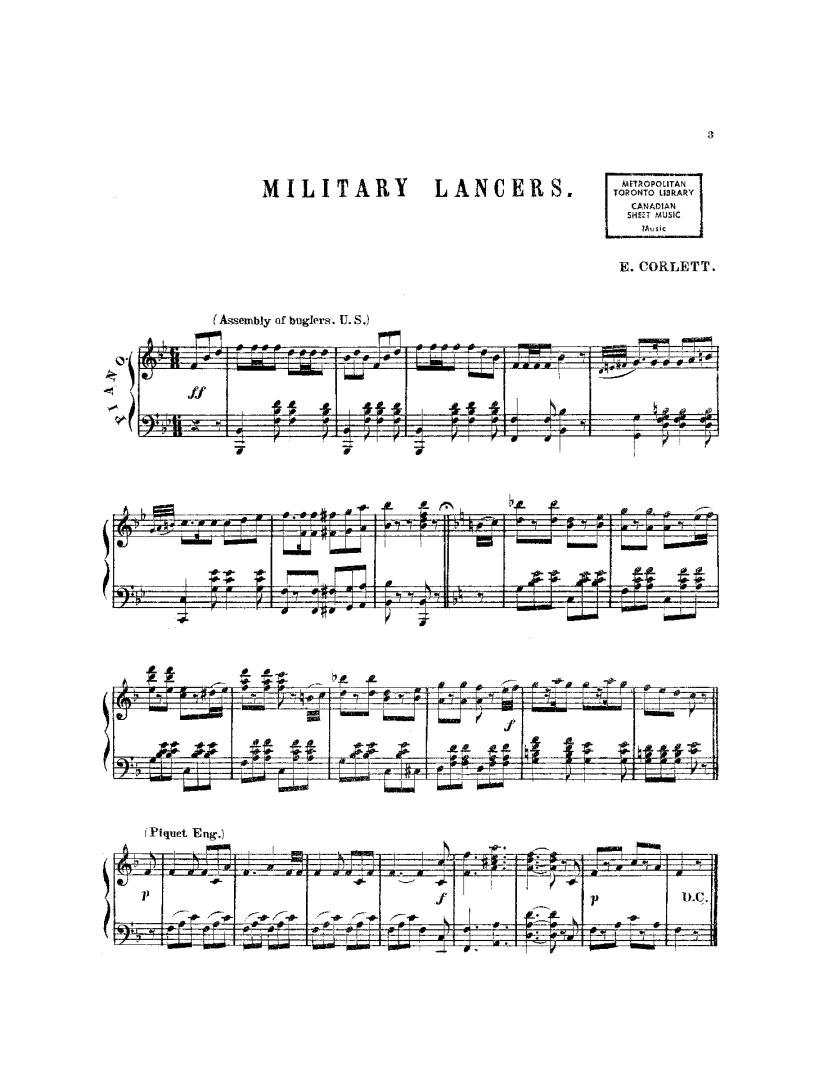 Military lancers sheet music (black on uncoloured ground).