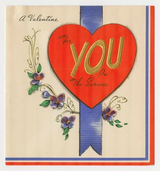 A red heart is at the centre of the card with a blue ribbon behind it and purple-blue flowers b ...