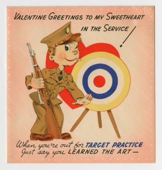 A soldier stands near a bull's eye target holding a rifle. A rhyming verse begins below his fee ...