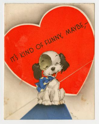 A smiling dog is pictured on the front of the card. A large red heart is in the background. Ins ...