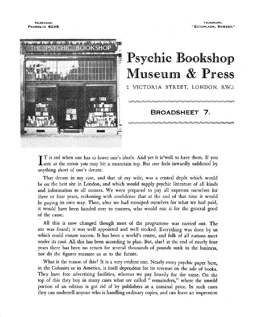 Pamphlet with picture of Psychic Bookshop Museum & Press on at top left side. Title in bold at  ...