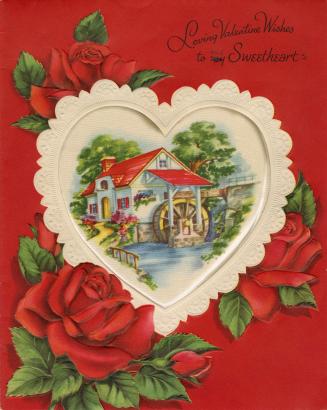 At the centre of the card is a heart shaped silk insert. It pictures a cheery looking rural hom ...