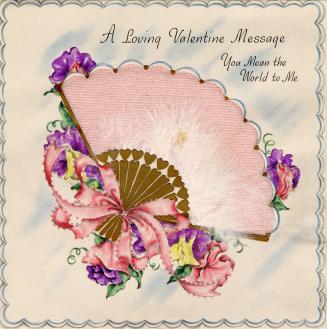 The front of the card pictures a delicate, pale pink, handheld fan. It is decorated with real w ...