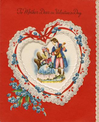 At the centre of the card is a silk insert. It pictures a man and woman in fancy, period outfit ...