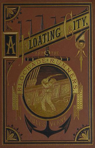 Book cover: Red cloth with title and image of a man on a ship carrying a flaming cannonball.