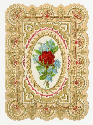 A single large red rose sits at the centre of a bouquet of small blue flowers. They are framed  ...