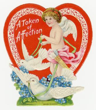 Die cut. A cherub, standing in front of a red heart, holds the reins of two white doves. Blue f ...