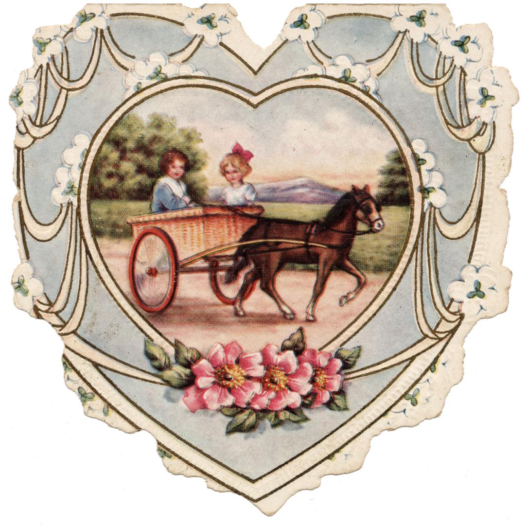 Two children are pictured riding in a horse drawn cart. A rhyming verse is written inside.