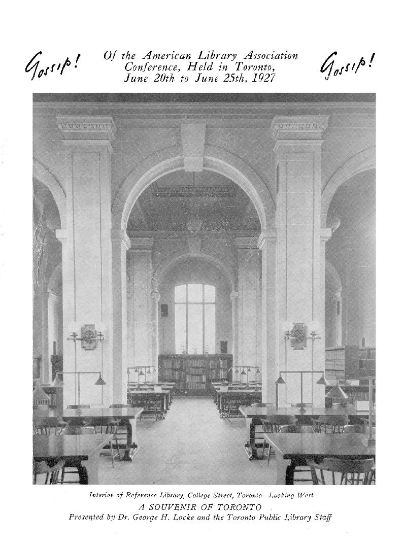 Brochure with photo on front cover of large library room with arches and tables. 