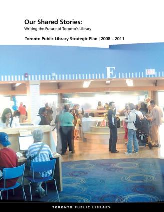 Cover picture of people in a library sitting at computer and standing and title of the report. 