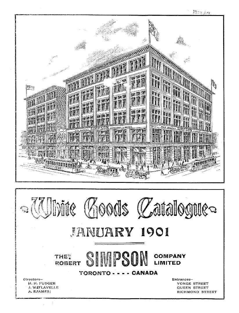 Black and white illustration of large department store building, including street scene with ho ...