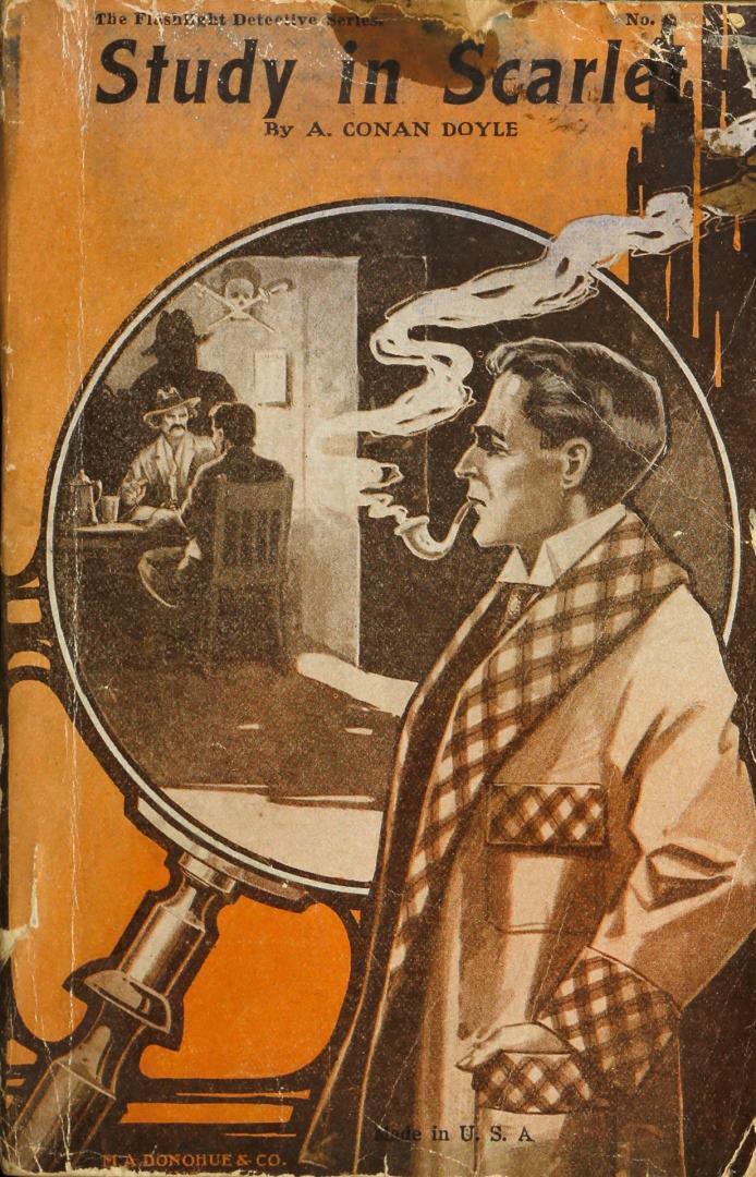 Orange monochrome pictorial paper cover showing Holmes with pipe against the background of a ma ...