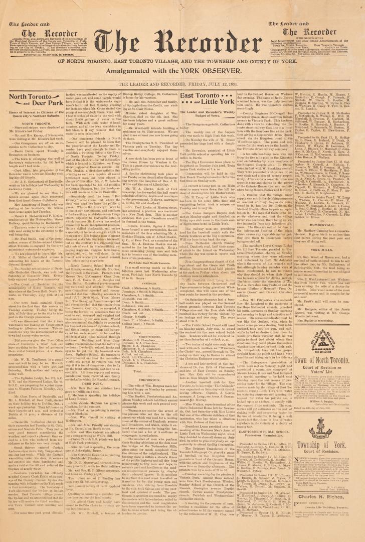 The recorder of North Toronto, East Toronto Village and the Township and County of York; amalgamated with the York Observer