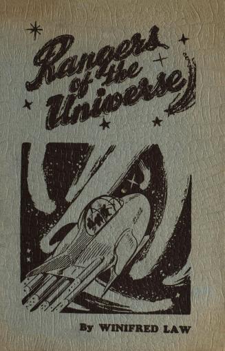 Book cover: Illustration of shadowy figures in a rocket ship flying through space. Streaks of l ...