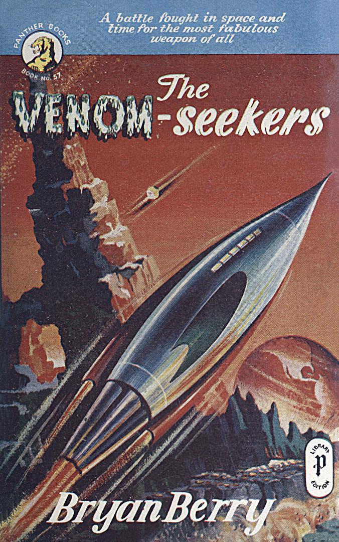 Book cover: A cylindrical rocket ship on a red mountainous background. Title and author.