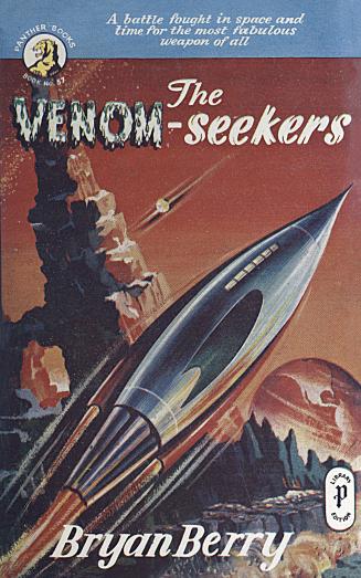 Book cover: A cylindrical rocket ship on a red mountainous background. Title and author.