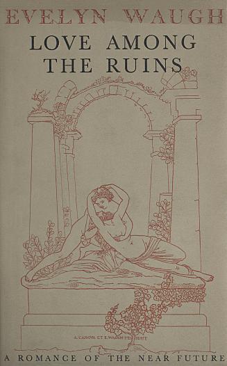 Book Cover: Red line art of two lovers embracing in front of ruins. Title and author.
